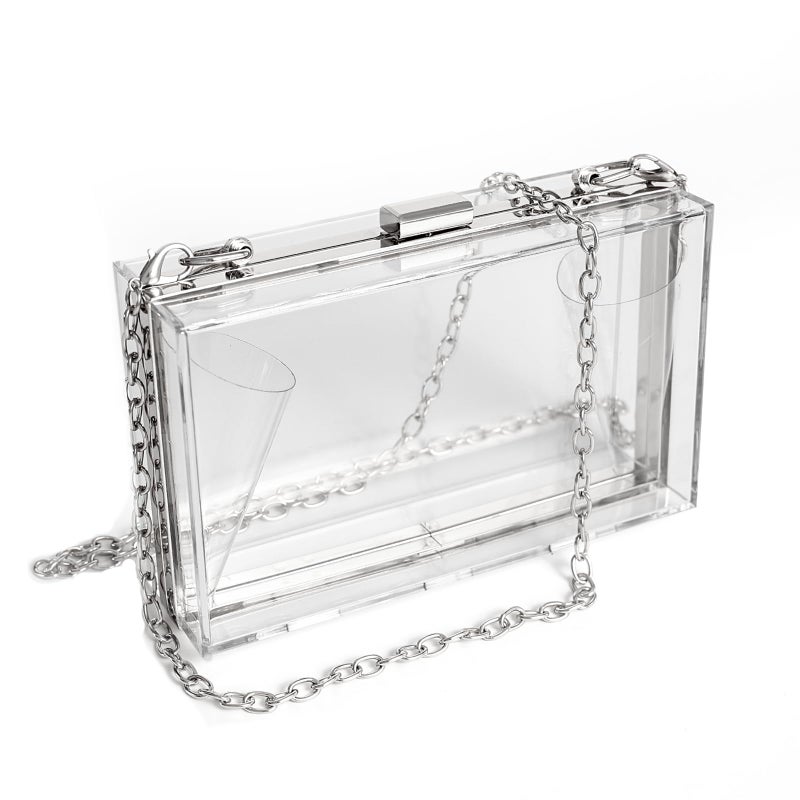WJCD Women Clear Purse Acrylic Box Clutch Handbag, Small Transparent Crossbody Evening Bag Stadium Approved Gold Chain Strap (Silver) - Image 1